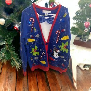 Jolly Sweaters Light Candy Cane Sequin Snowman Ugly Xmas Sweater Size Medium